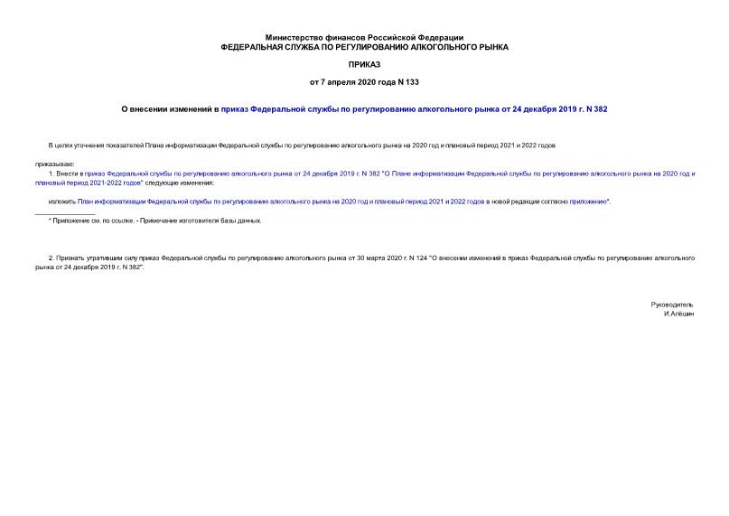Приказ 133 О внесении изменений в приказ Федеральной службы по регулированию алкогольного рынка от 24 декабря 2019 г. N 382