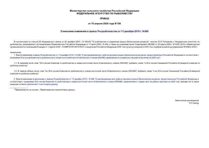 Приказ 198 О внесении изменений в приказ Росрыболовства от 13 декабря 2019 г. N 686