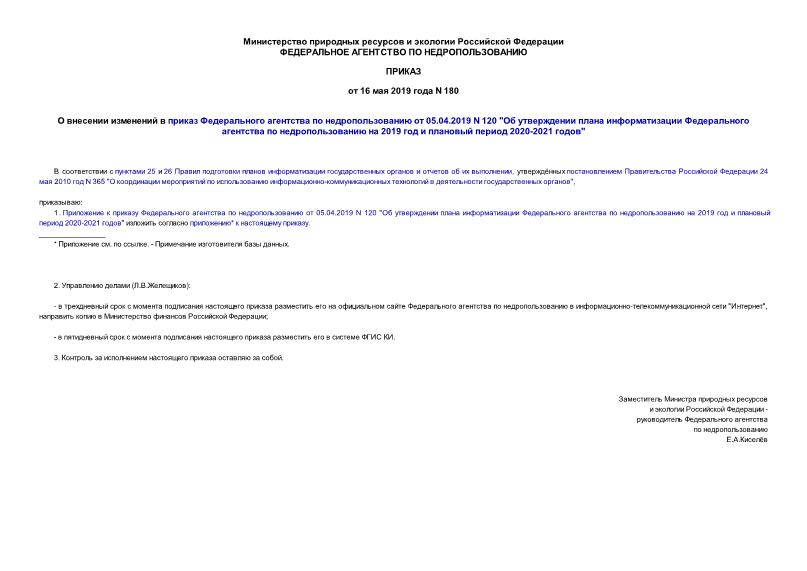 Приказ 180 О внесении изменений в приказ Федерального агентства по недропользованию от 05.04.2019 N 120 