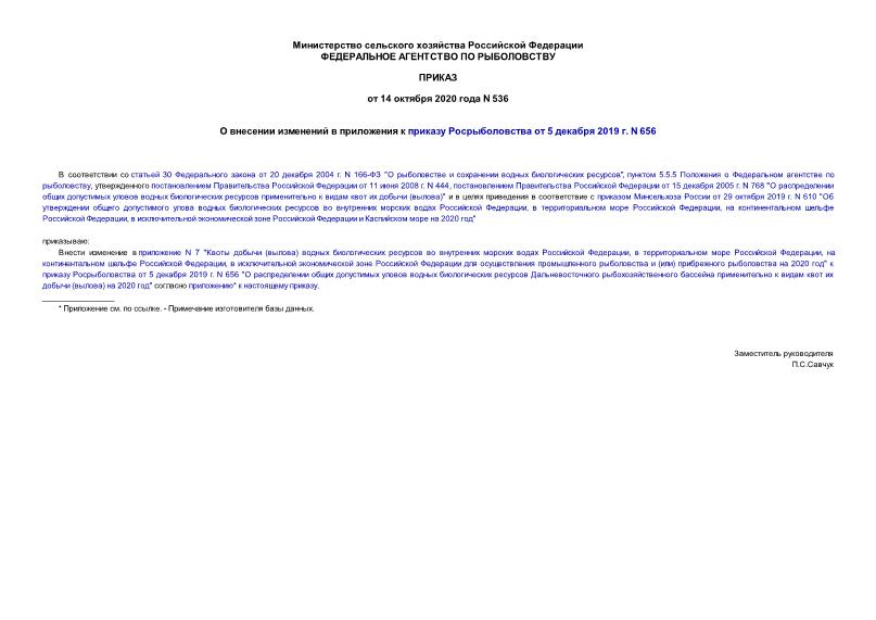 Приказ 536 О внесении изменений в приложения к приказу Росрыболовства от 5 декабря 2019 г. N 656