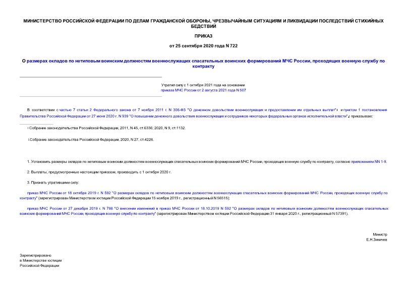 Приказ 722 О размерах окладов по нетиповым воинским должностям военнослужащих спасательных воинских формирований МЧС России, проходящих военную службу по контракту