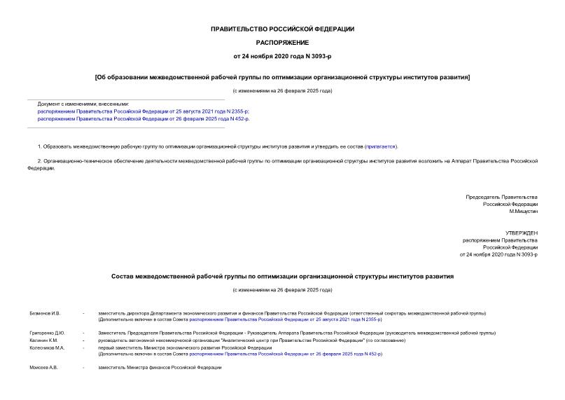 Распоряжение 3093-р Об образовании межведомственной рабочей группы по оптимизации организационной структуры институтов развития