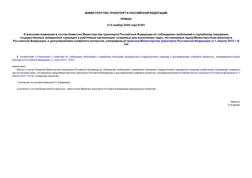 Приказ 491 О внесении изменений в состав Комиссии Министерства транспорта Российской Федерации по соблюдению требований к служебному поведению государственных гражданских служащих и работников организаций, созданных для выполнения задач, поставленных перед Министерством транспорта Российской Федерации, и урегулированию конфликта интересов, утвержденный приказом Министерства транспорта Российской Федерации от 1 апреля 2015 г. N 144