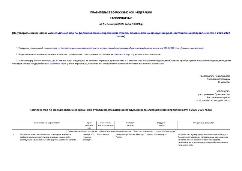 Распоряжение 3321-р Об утверждении прилагаемого комплекса мер по формированию современной отрасли промышленной продукции реабилитационной направленности в 2020-2022 годах