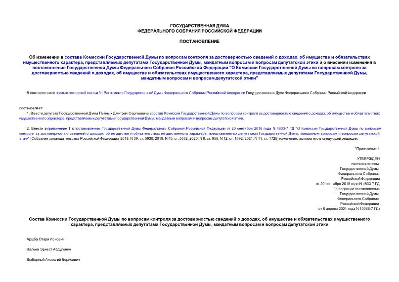 Постановление 10066-7 ГД Об изменении в составе Комиссии Государственной Думы по вопросам контроля за достоверностью сведений о доходах, об имуществе и обязательствах имущественного характера, представляемых депутатами Государственной Думы, мандатным вопросам и вопросам депутатской этики и о внесении изменения в постановление Государственной Думы Федерального Собрания Российской Федерации 
