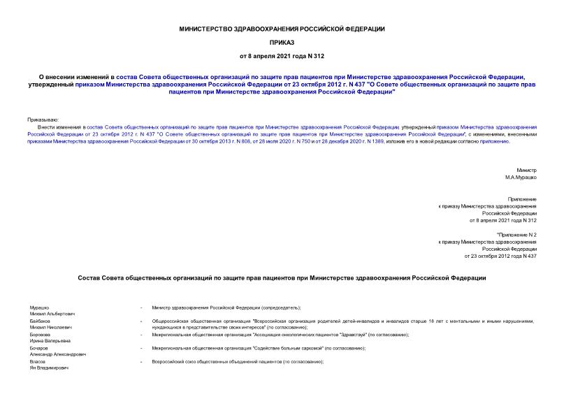 Приказ 312 О внесении изменений в состав Совета общественных организаций по защите прав пациентов при Министерстве здравоохранения Российской Федерации, утвержденный приказом Министерства здравоохранения Российской Федерации от 23 октября 2012 г. N 437 