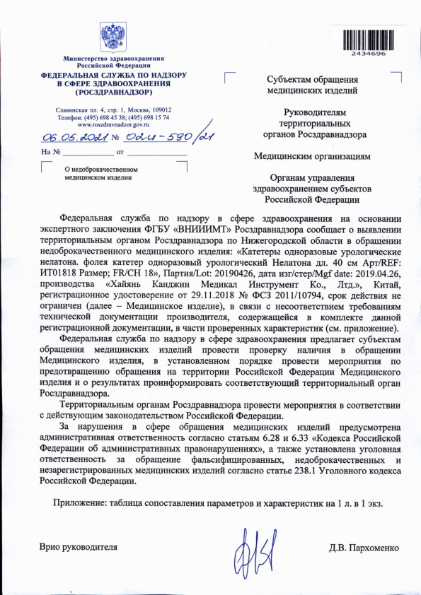 Письмо 02И-590/21 О недоброкачественном медицинском изделии