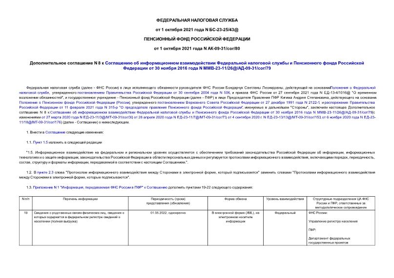 Соглашение БС-23-25/43@ Дополнительное соглашение N 8 к Соглашению об информационном взаимодействии Федеральной налоговой службы и Пенсионного фонда Российской Федерации от 30 ноября 2016 года N ММВ-23-11/26@/АД-09-31/сог/79