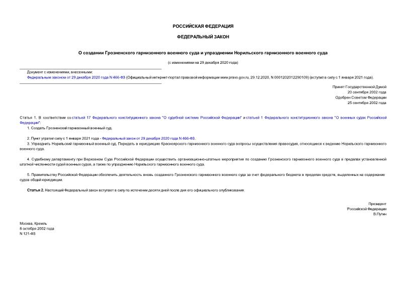 Федеральный закон 121-ФЗ О создании Грозненского гарнизонного военного суда и упразднении Норильского гарнизонного военного суда