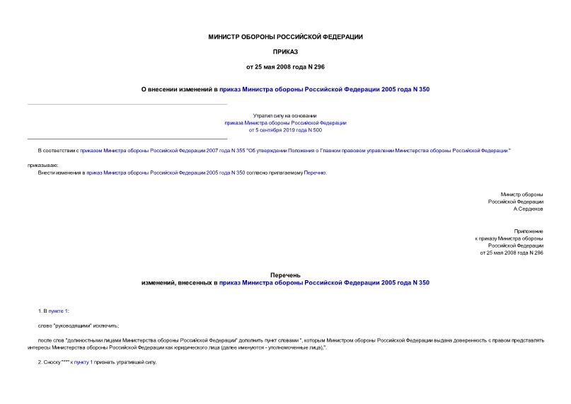 Приказ 296 О внесении изменений в приказ Министра обороны Российской Федерации 2005 года N 350