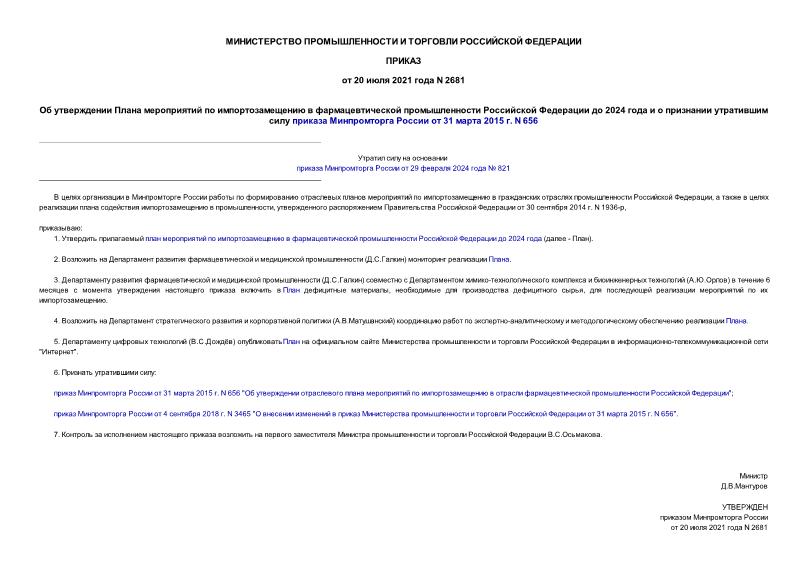 Приказ 2681 Об утверждении Плана мероприятий по импортозамещению в фармацевтической промышленности Российской Федерации до 2024 года и о признании утратившим силу приказа Минпромторга России от 31 марта 2015 г. N 656