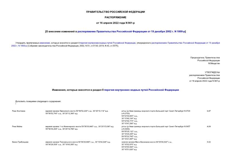 Распоряжение 901-р О внесении изменений в распоряжение Правительства Российской Федерации от 19 декабря 2002 г. N 1800-р