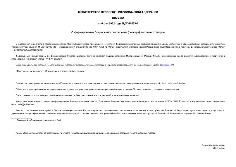 Письмо ДГ-1067/06 О формировании Всероссийского перечня (реестра) школьных театров
