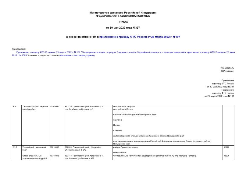 Приказ 397 О внесении изменения в приложение к приказу ФТС России от 25 марта 2022 г. N 197