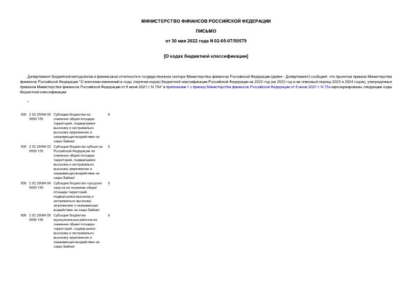 Письмо 02-05-07/50579 О кодах бюджетной классификации