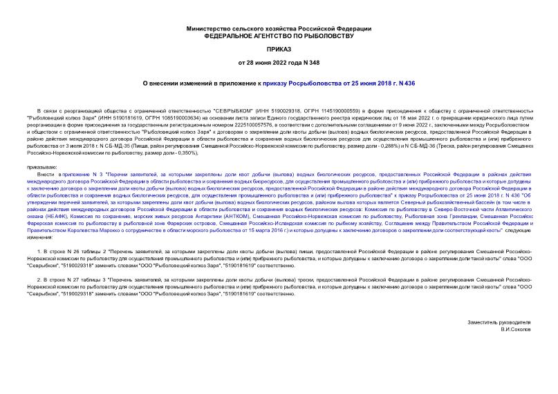 Приказ 348 О внесении изменений в приложение к приказу Росрыболовства от 25 июня 2018 г. N 436