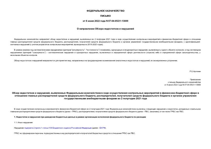 Письмо 07-04-05/21-13889 О направлении Обзора недостатков и нарушений