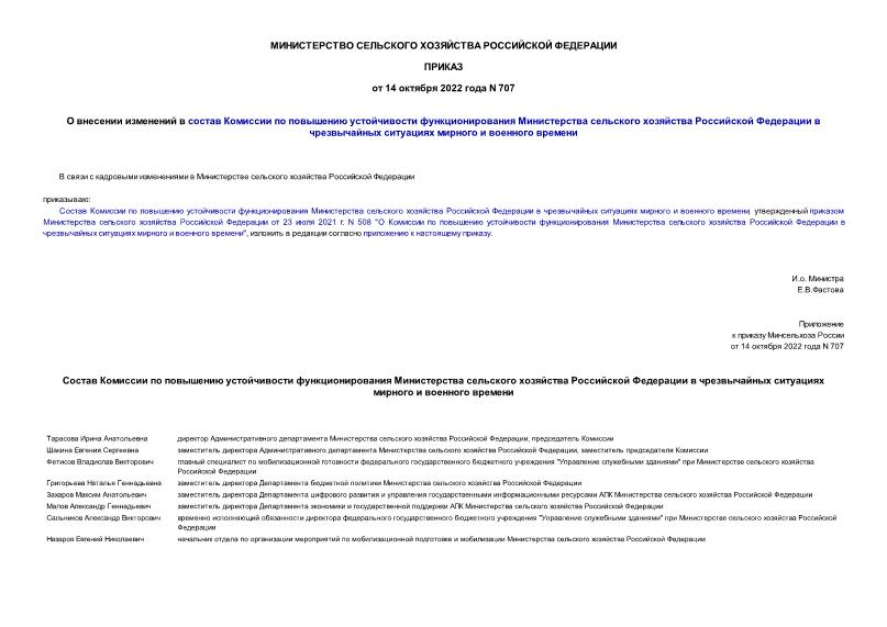Приказ 707 О внесении изменений в состав Комиссии по повышению устойчивости функционирования Министерства сельского хозяйства Российской Федерации в чрезвычайных ситуациях мирного и военного времени