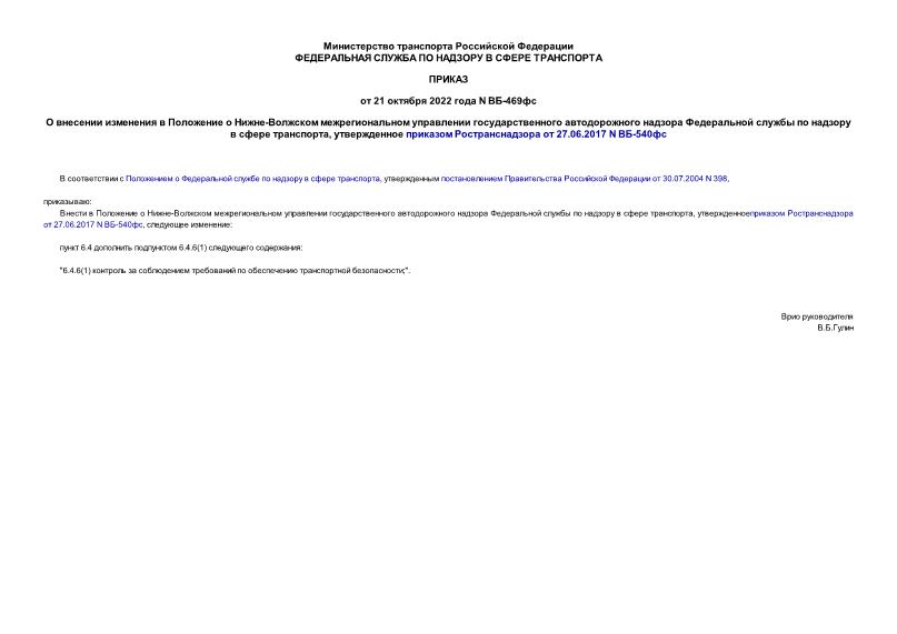 Приказ ВБ-469фс О внесении изменения в Положение о Нижне-Волжском межрегиональном управлении государственного автодорожного надзора Федеральной службы по надзору в сфере транспорта, утвержденное приказом Ространснадзора от 27.06.2017 N ВБ-540фс