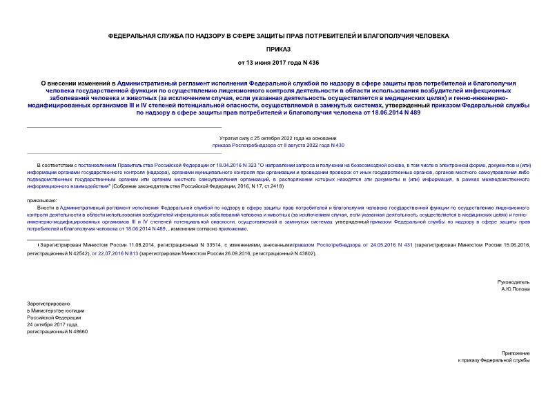Приказ 436 О внесении изменений в Административный регламента исполнения Федеральной службой по надзору в сфере защиты прав потребителей и благополучия человека государственной функции по осуществлению лицензионного контроля деятельности в области использования возбудителей инфекционных заболеваний человека и животных (за исключением случая, если указанная деятельность осуществляется в медицинских целях) и генно-инженерно-модифицированных организмов III и IV степеней потенциальной опасности, осуществляемой в замкнутых системах, утвержденный приказом Федеральной службы по надзору в сфере защиты прав потребителей и благополучия человека от 18.06.2014 N 489