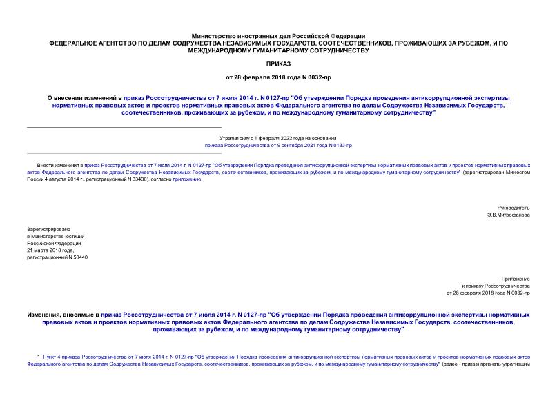 Приказ 0032-пр О внесении изменений в приказ Россотрудничества от 7 июля 2014 г. N 0127-пр 