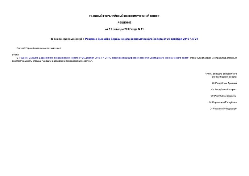 Решение 11 О внесении изменений в Решение Высшего Евразийского экономического совета от 26 декабря 2016 г. N 21