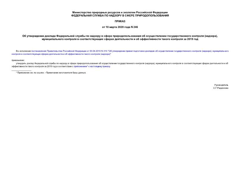 Приказ 246 Об утверждении доклада Федеральной службы по надзору в сфере природопользования об осуществлении государственного контроля (надзора), муниципального контроля в соответствующих сферах деятельности и об эффективности такого контроля за 2019 год