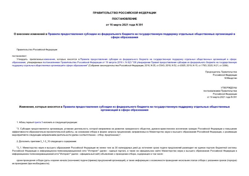 Постановление 391 О внесении изменений в Правила предоставления субсидии из федерального бюджета на государственную поддержку отдельных общественных организаций в сфере образования