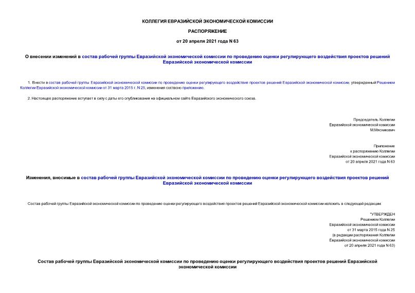 Распоряжение 63 О внесении изменений в состав рабочей группы Евразийской экономической комиссии по проведению оценки регулирующего воздействия проектов решений Евразийской экономической комиссии