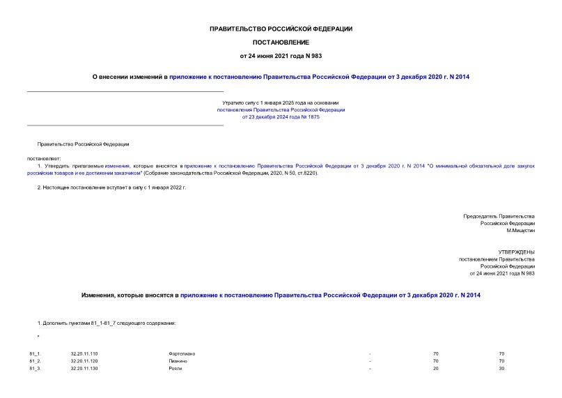 Постановление 983 О внесении изменений в приложение к постановлению Правительства Российской Федерации от 3 декабря 2020 г. N 2014
