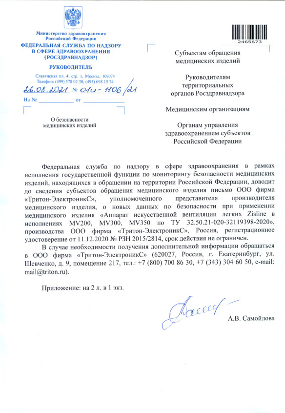 Письмо 01И-1106/21 О безопасности медицинских изделий