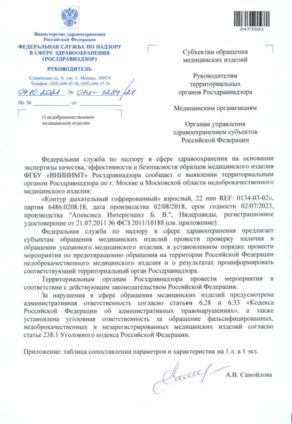 Письмо 01И-1284/21 О недоброкачественном медицинском изделии
