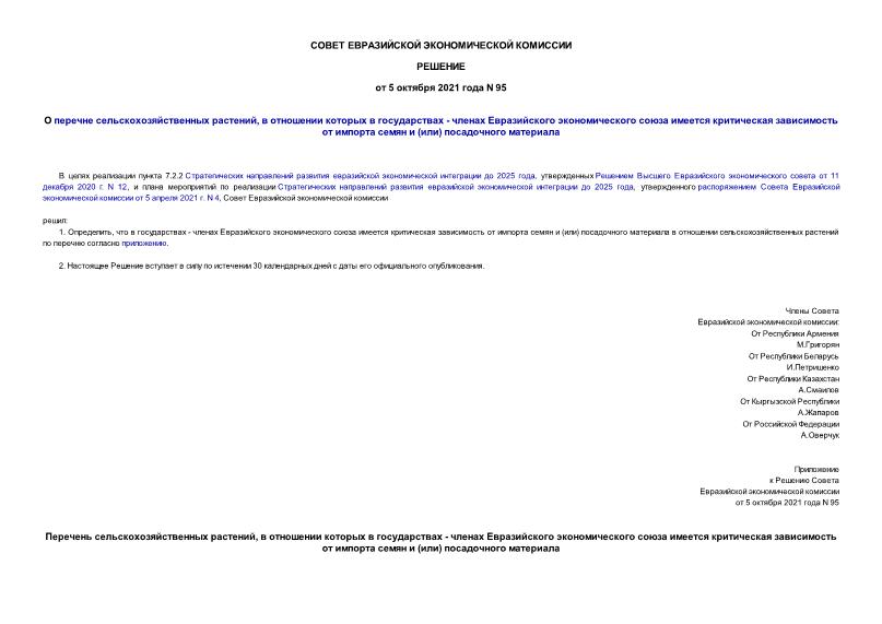 Решение 95 О перечне сельскохозяйственных растений, в отношении которых в государствах - членах Евразийского экономического союза имеется критическая зависимость от импорта семян и (или) посадочного материала