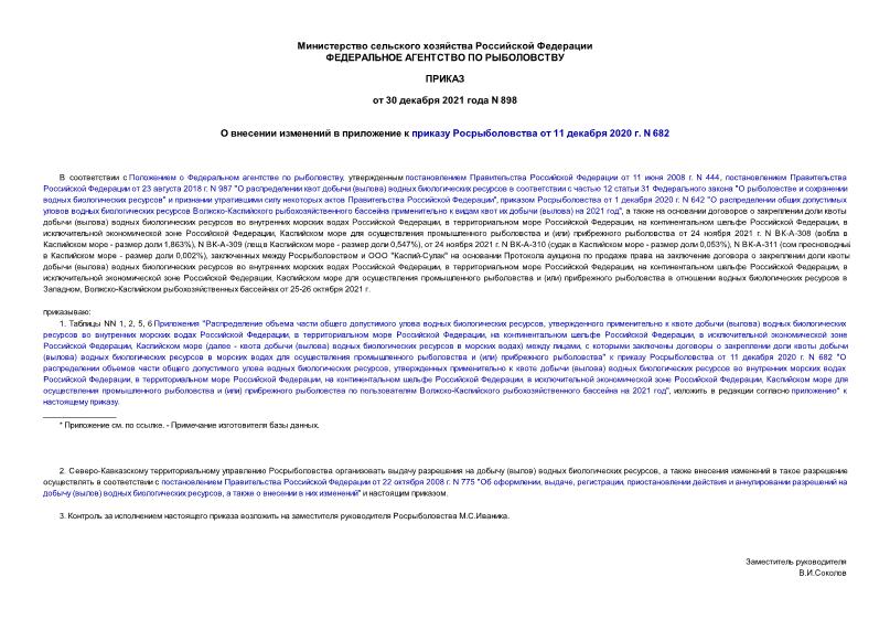 Приказ 898 О внесении изменений в приложение к приказу Росрыболовства от 11 декабря 2020 г. N 682
