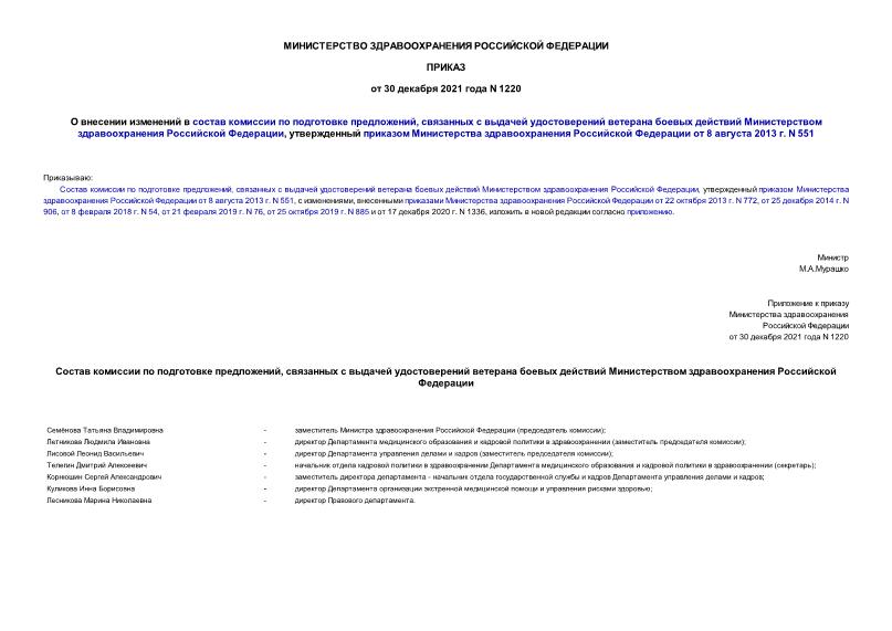 Приказ 1220 О внесении изменений в состав комиссии по подготовке предложений, связанных с выдачей удостоверений ветерана боевых действий Министерством здравоохранения Российской Федерации, утвержденный приказом Министерства здравоохранения Российской Федерации от 8 августа 2013 г. N 551