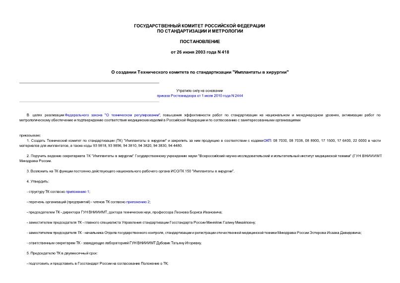 Постановление 418 О создании Технического комитета по стандартизации 