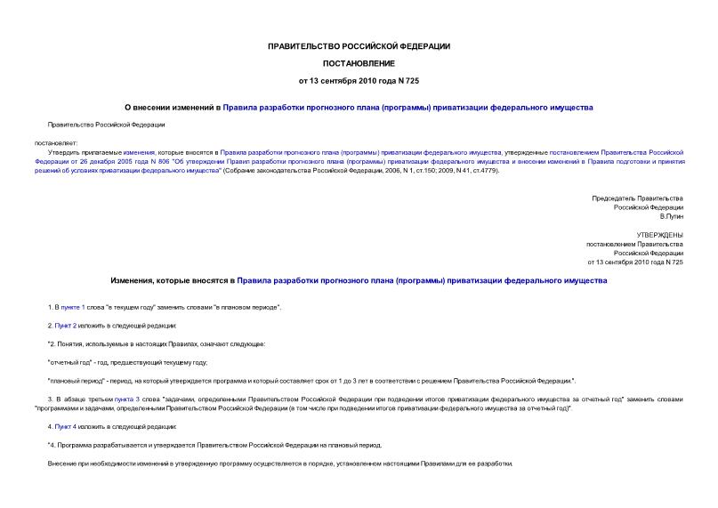 Постановление 725 О внесении изменений в Правила разработки прогнозного плана (программы) приватизации федерального имущества