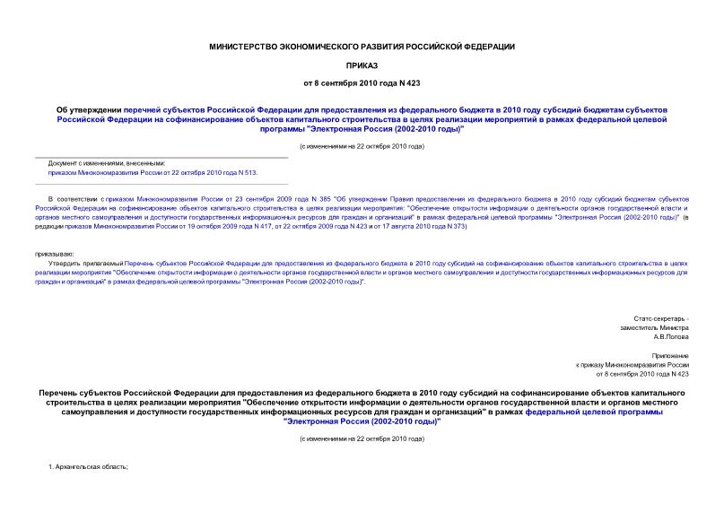Приказ 423 Об утверждении перечней субъектов Российской Федерации для предоставления из федерального бюджета в 2010 году субсидий бюджетам субъектов Российской Федерации на софинансирование объектов капитального ...