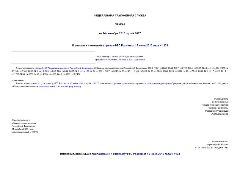 Приказ 1687 О внесении изменений в приказ ФТС России от 15 июня 2010 года N 1133