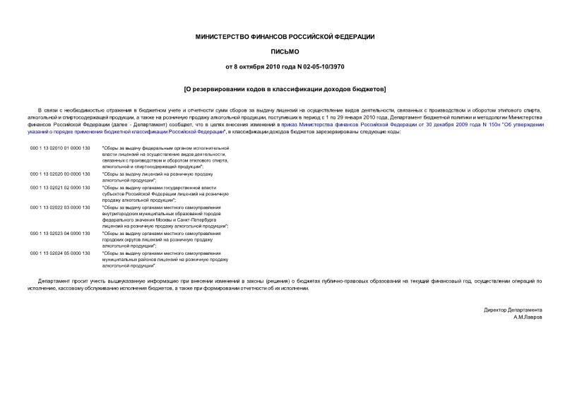 Письмо 02-05-10/3970 О резервировании кодов в классификации доходов бюджетов