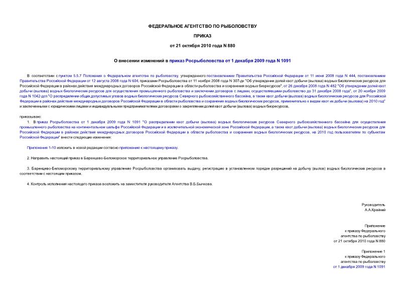 Приказ 880 О внесении изменений в приказ Росрыболовства от 1 декабря 2009 года N 1091