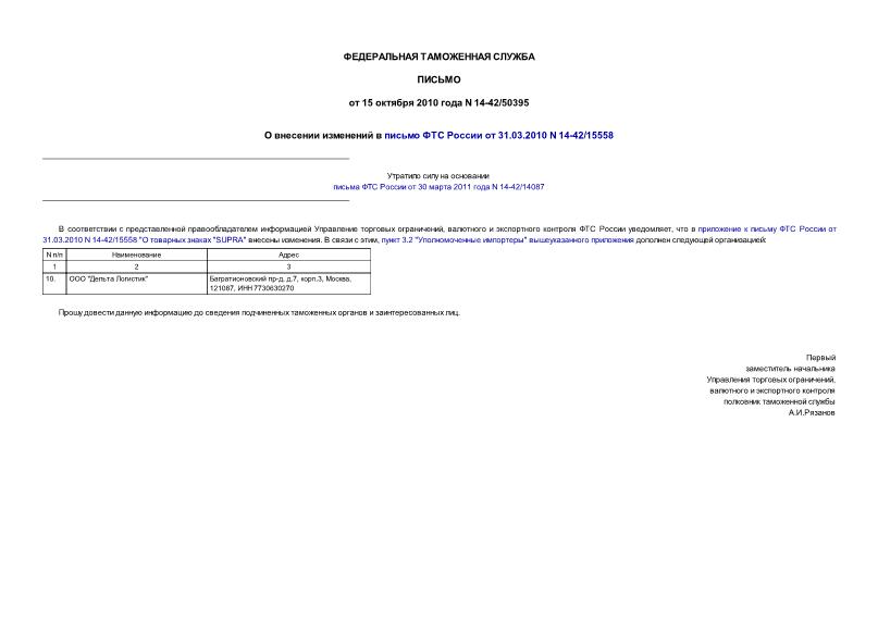Письмо 14-42/50395 О внесении изменений в письмо ФТС России от 31.03.2010 N 14-42/15558