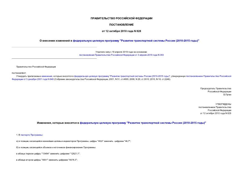 Постановление 828 О внесении изменений в федеральную целевую программу 