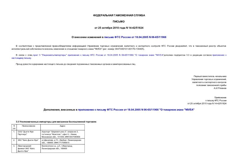 Письмо 14-42/51824 О внесении изменений в письмо ФТС России от 18.04.2005 N 06-65/11966