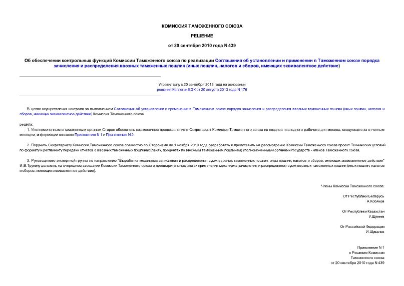Решение 439 Об обеспечении контрольных функций Комиссии Таможенного союза по реализации Соглашения об установлении и применении в Таможенном союзе порядка зачисления и распределения ввозных таможенных пошлин