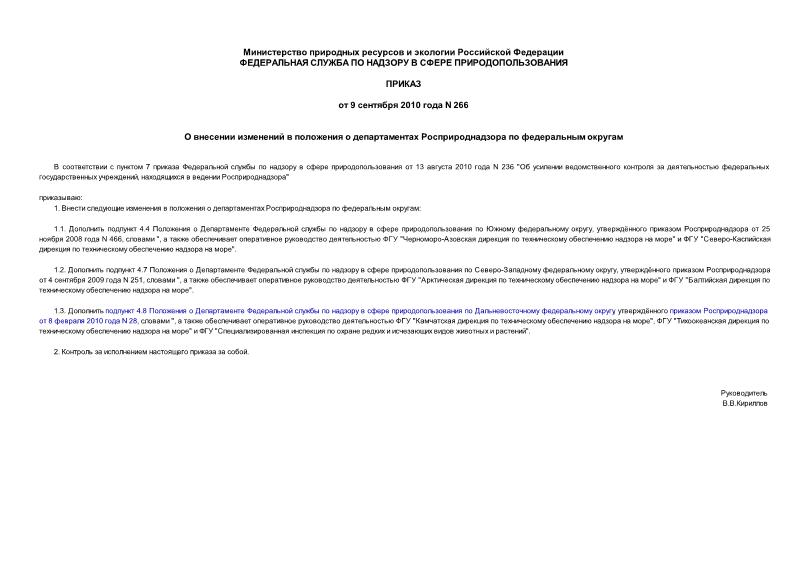 Приказ 266 О внесении изменений в положения о департаментах Росприроднадзора по федеральным округам