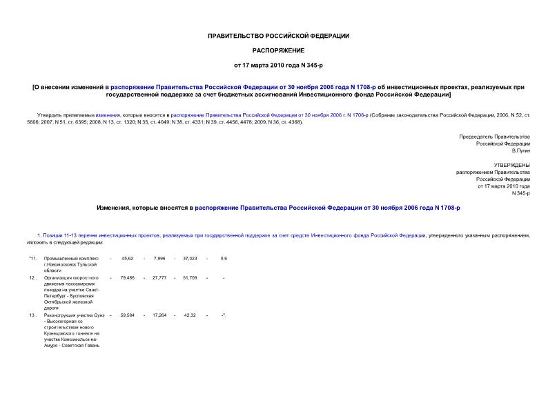 Распоряжение 345-р О внесении изменений в распоряжение Правительства Российской Федерации от 30 ноября 2006 года N 1708-р об инвестиционных проектах, реализуемых при государственной поддержке за счет бюджетных ассигнований Инвестиционного фонда Российской Федерации