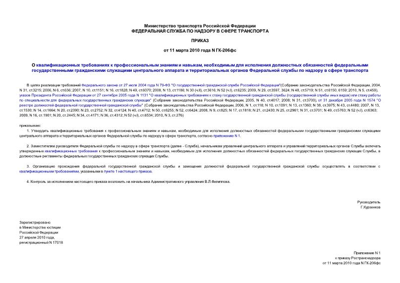 Приказ ГК-206фс О квалификационных требованиях к профессиональным знаниям и навыкам, необходимым для исполнения должностных обязанностей федеральными государственными гражданскими служащими центрального аппарата и территориальных органов Федеральной службы по надзору в сфере транспорта