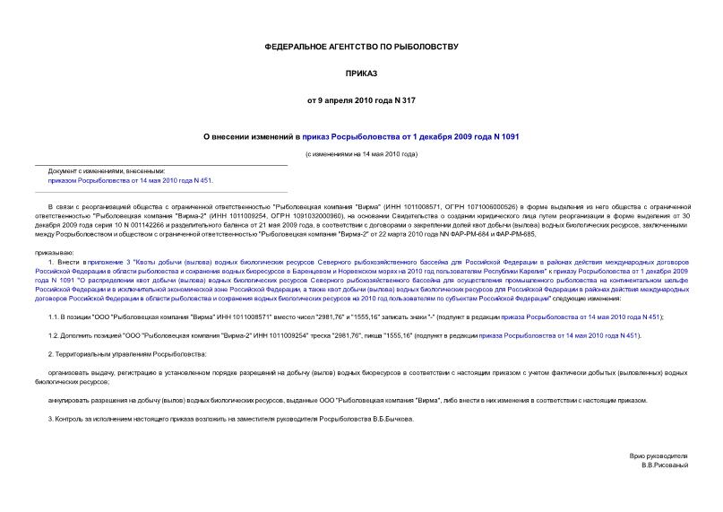 Приказ 317 О внесении изменений в приказ Росрыболовства от 1 декабря 2009 года N 1091