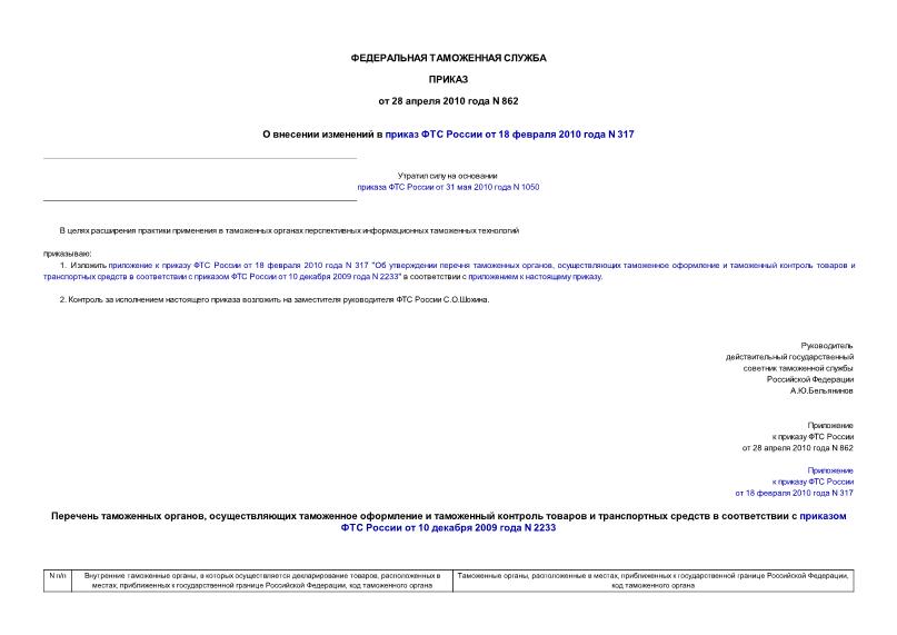 Приказ 862 О внесении изменений в приказ ФТС России от 18 февраля 2010 года N 317